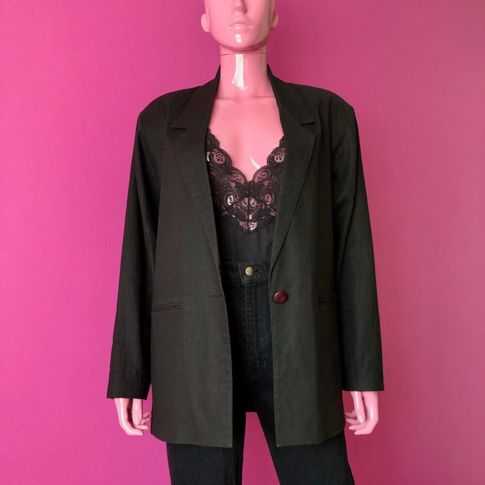 Vintage 80s S Black Blazer Jacket Cotton Linen Single Breast Pocket Shoulder Pad